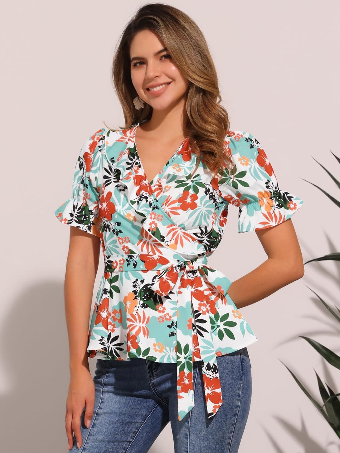 imageAllegra K Womens Wrap Peplum Top Blouse 2025 Summer Floral Short Sleeve Ruffle V Neck Belted ShirtsWhite Floral
