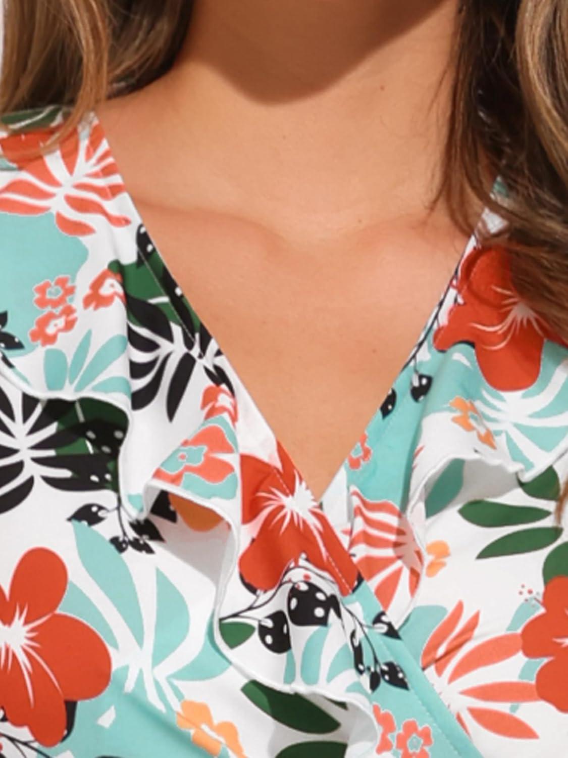 imageAllegra K Womens Wrap Peplum Top Blouse 2025 Summer Floral Short Sleeve Ruffle V Neck Belted ShirtsWhite Floral