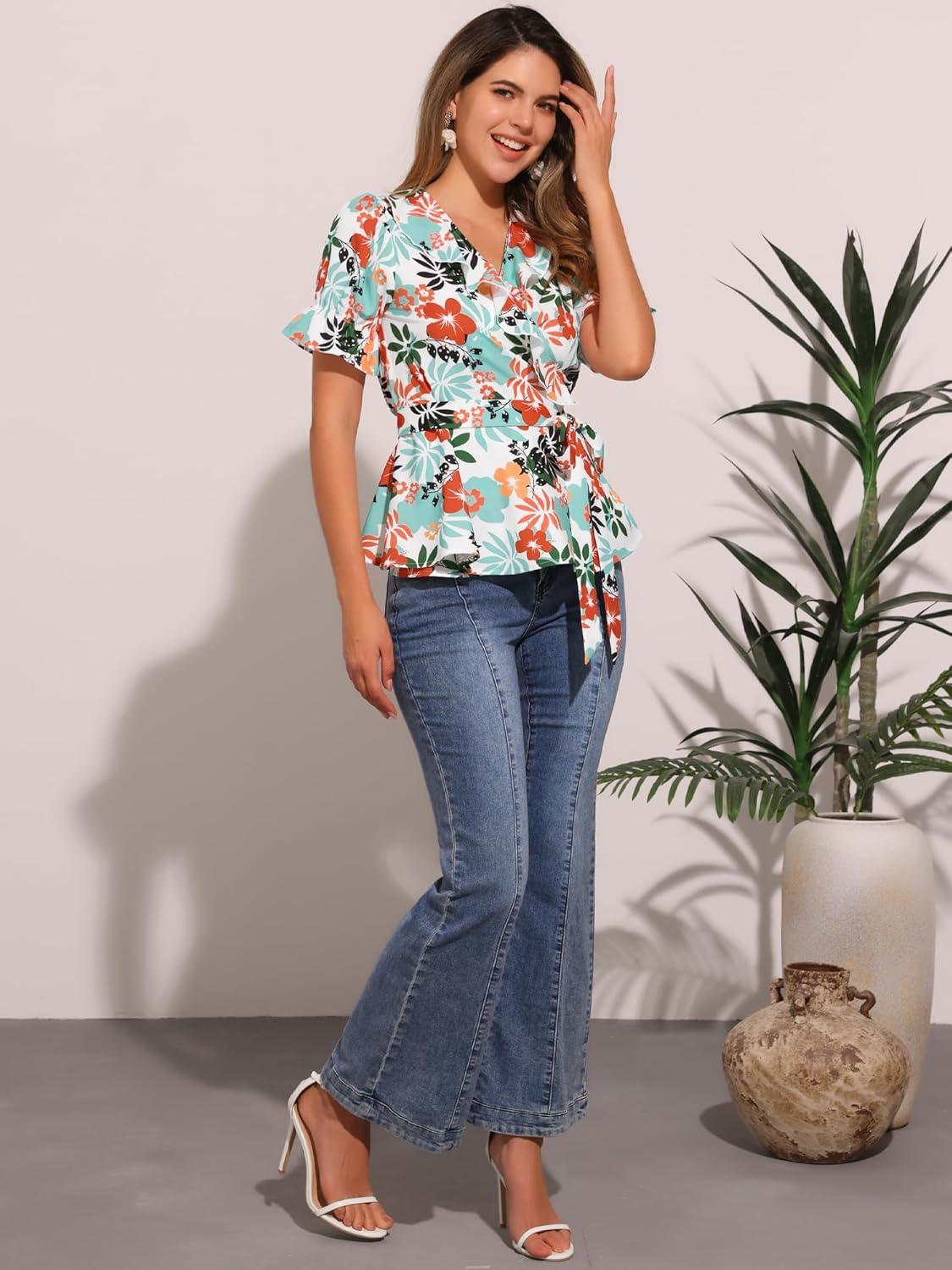 imageAllegra K Womens Wrap Peplum Top Blouse 2025 Summer Floral Short Sleeve Ruffle V Neck Belted ShirtsWhite Floral