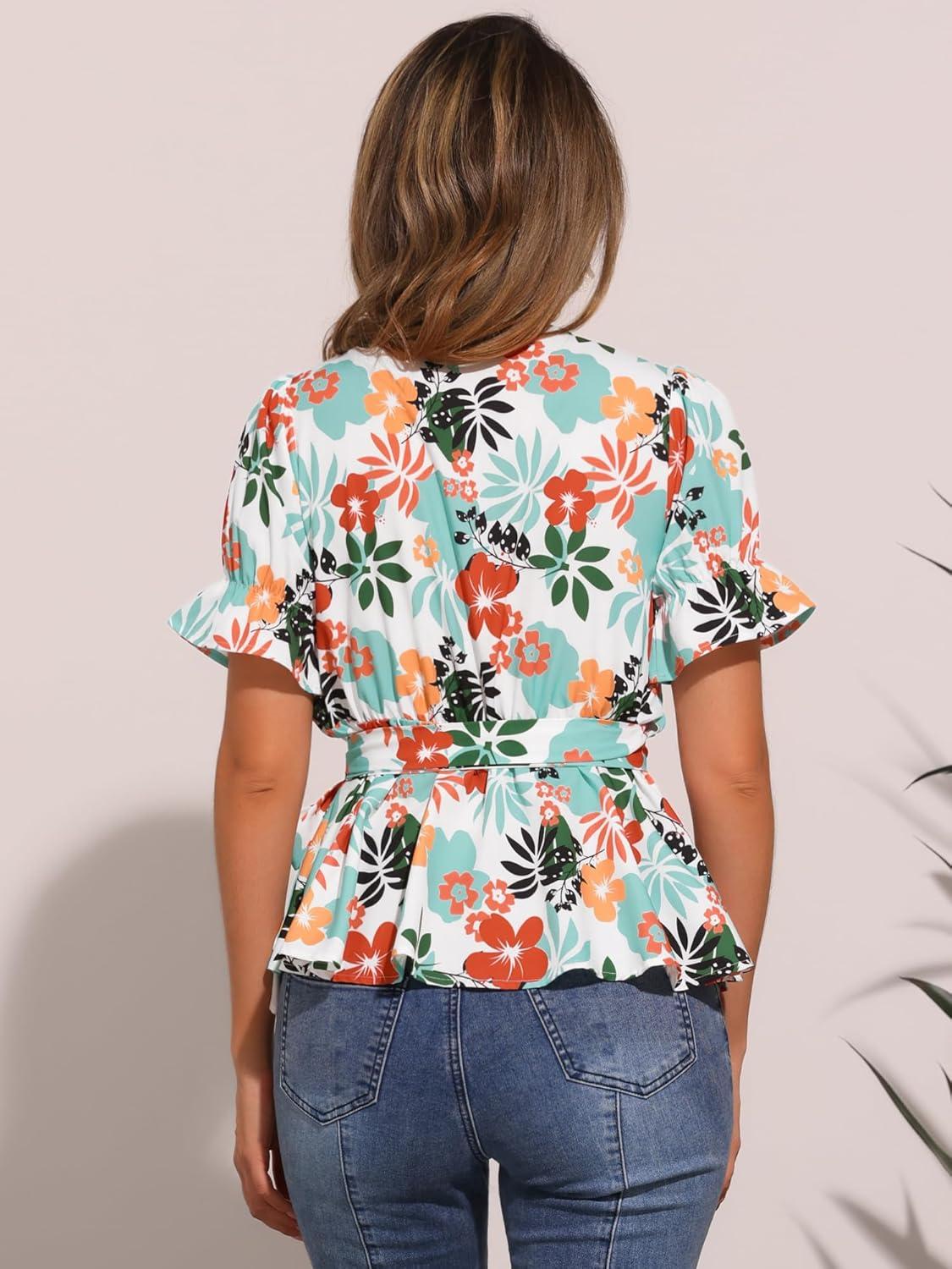 imageAllegra K Womens Wrap Peplum Top Blouse 2025 Summer Floral Short Sleeve Ruffle V Neck Belted ShirtsWhite Floral