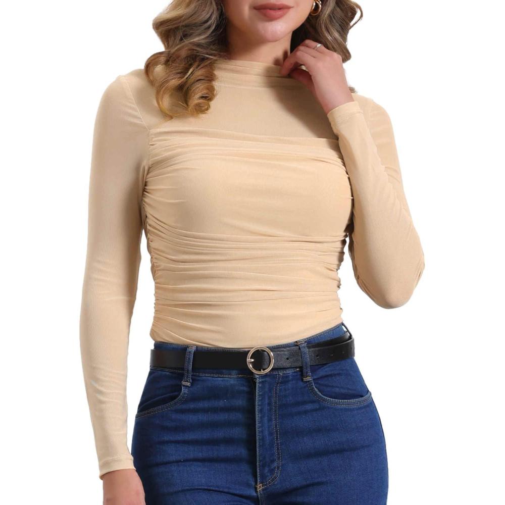 imageAllegra K Mesh Top Women Sheer Long Sleeve Mock Neck Slim Fit Shirts Trendy Fall Outfit Ruched Going Out TopsApricots