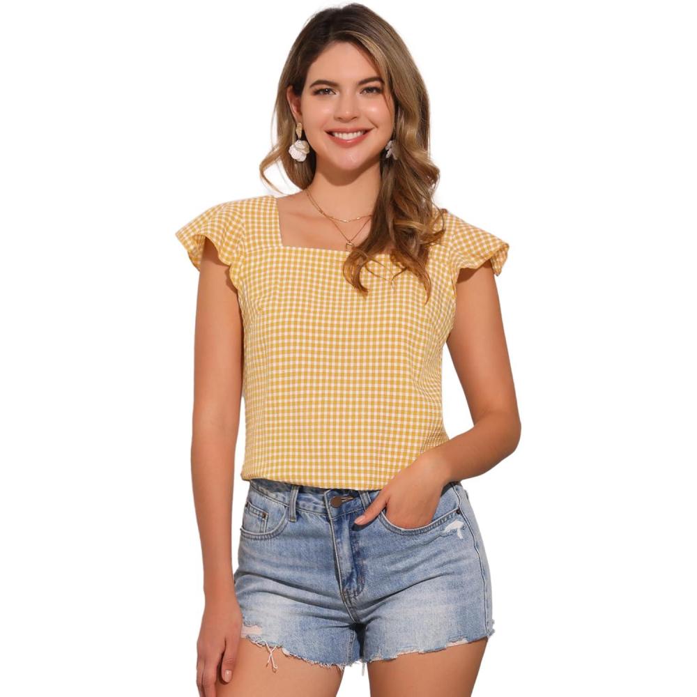 imageAllegra K Summer Gingham Tops for Womens Square Neck Ruffle Cap Sleeve BlousesLight Yellow