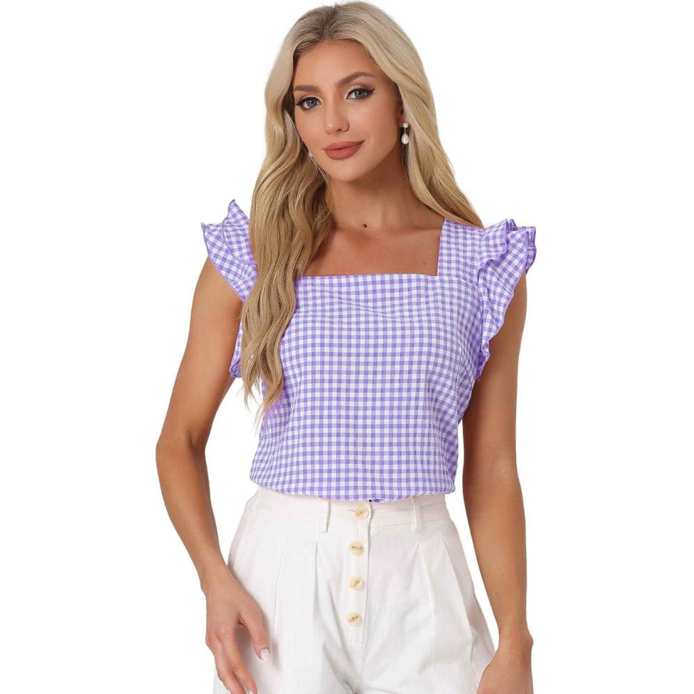 imageAllegra K Summer Gingham Tops for Womens Square Neck Ruffle Cap Sleeve BlousesPurple