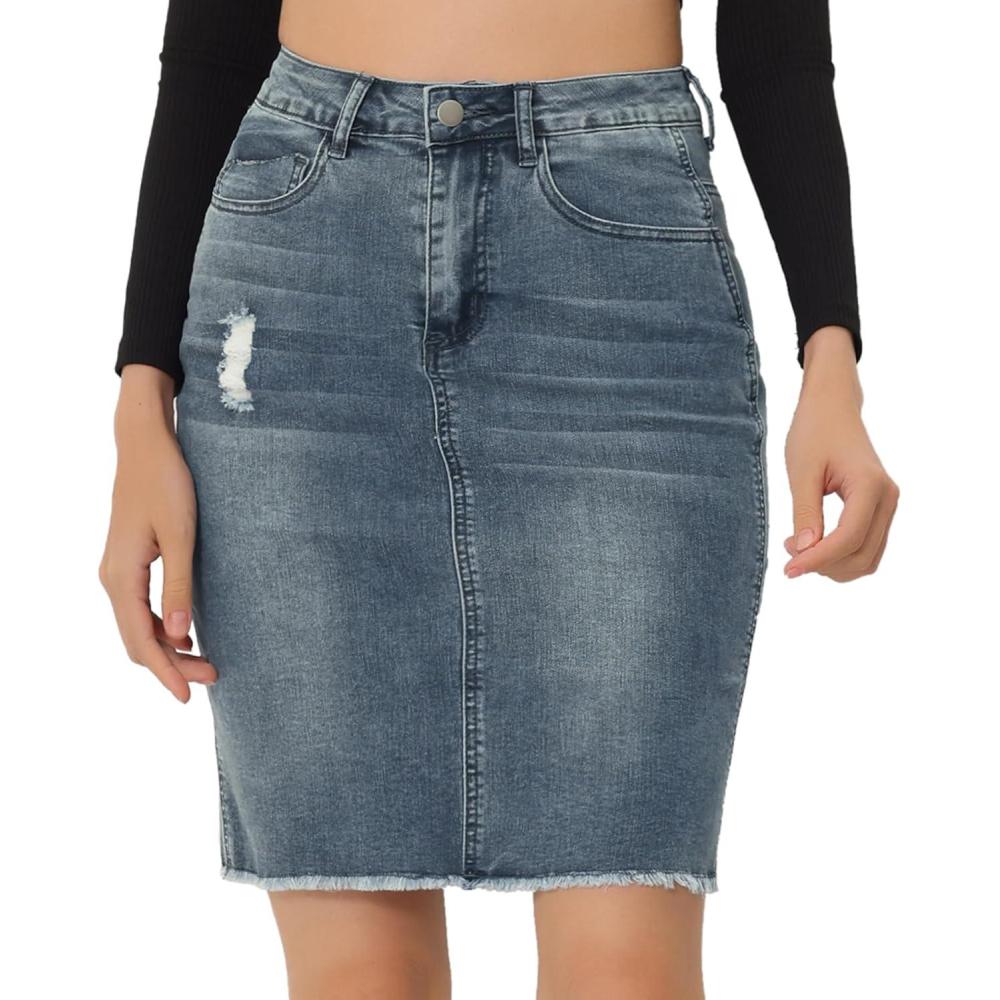 imageAllegra K Womens Basic Distressed High Waist Ripped Hem Washed Jeans Denim SkirtBlue Grey