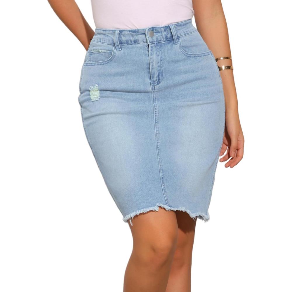 imageAllegra K Womens Basic Distressed High Waist Ripped Hem Washed Jeans Denim SkirtLight Blue