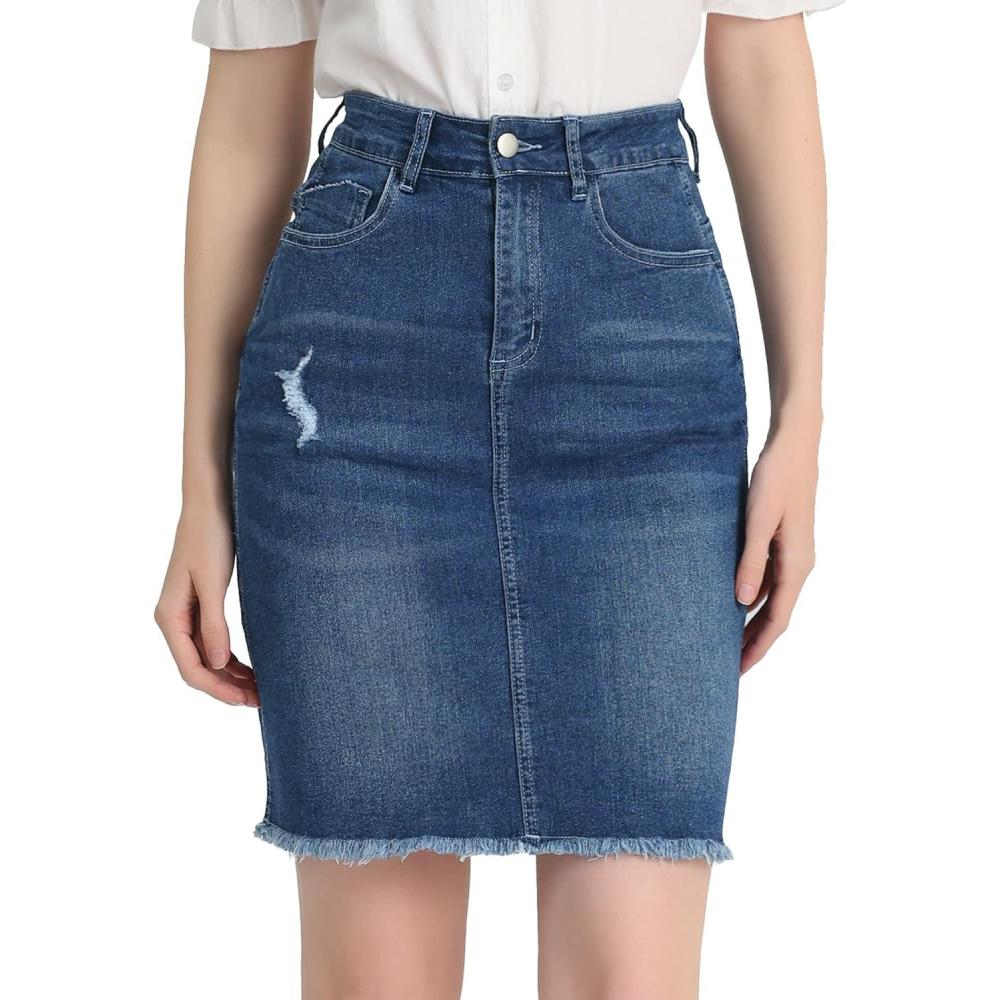 imageAllegra K Womens Basic Distressed High Waist Ripped Hem Washed Jeans Denim SkirtVintage Blue