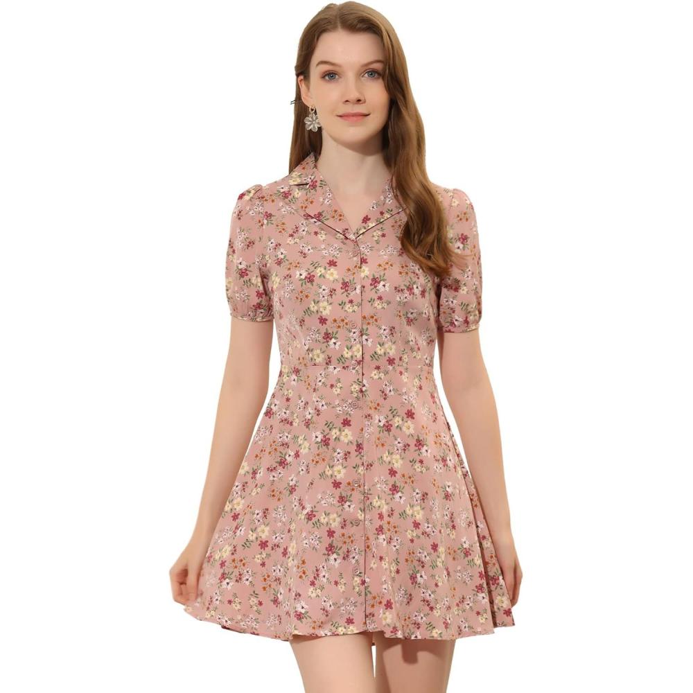 imageAllegra K Womens Button Up Short Sleeve ALine Chiffon Vintage Floral Shirt DressDusty Pink