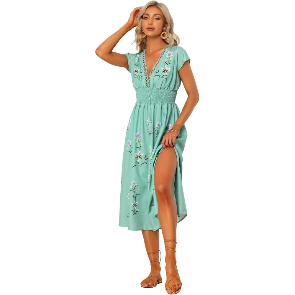 imageAllegra K Womens Deep V Neck Boho Floral Smocked Waist Midi DressGreen