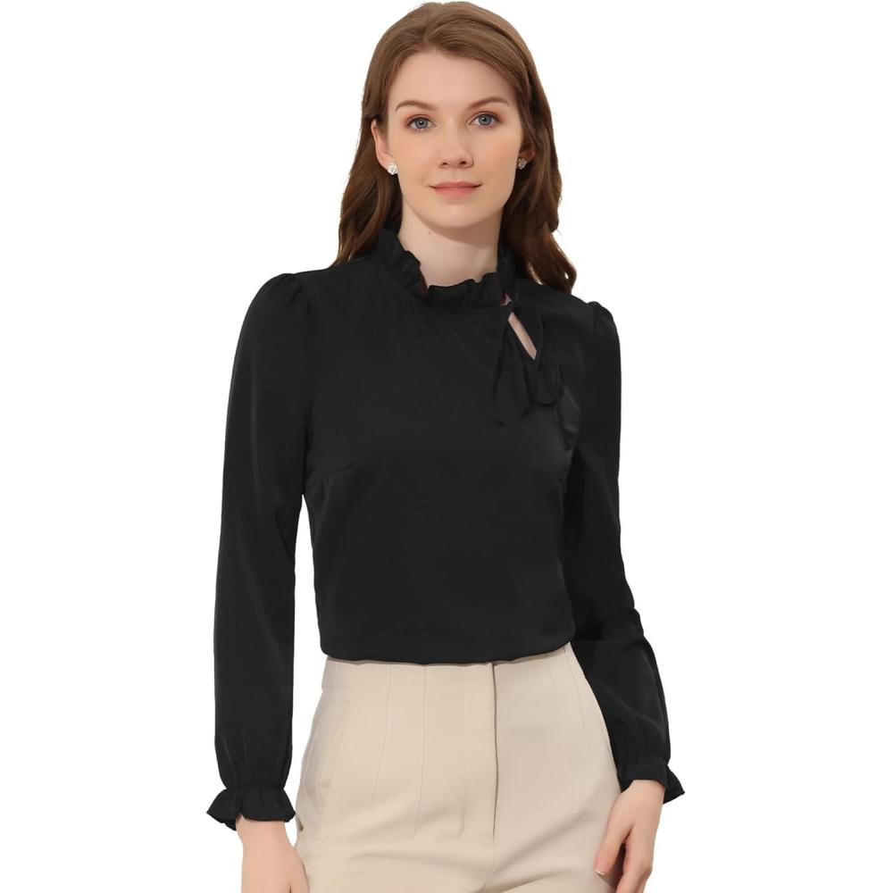 imageAllegra K Womens Fall Blouse 2025 Long Sleeve Ruffle Tie Neck Business Work TopBlack