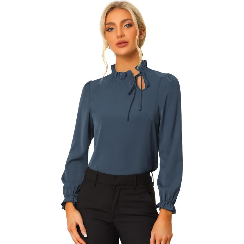 imageAllegra K Womens Fall Blouse 2025 Long Sleeve Ruffle Tie Neck Business Work TopDark Blue