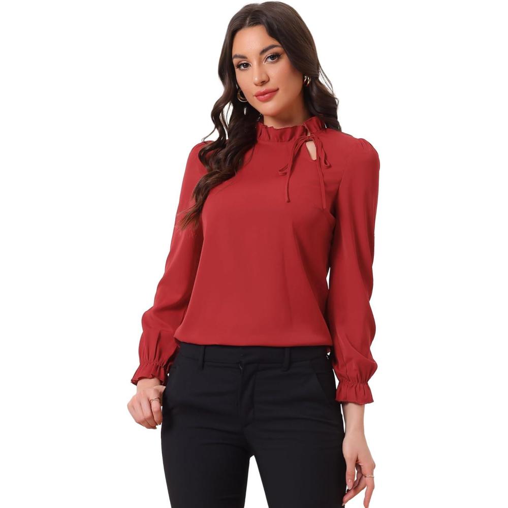 imageAllegra K Womens Fall Blouse 2025 Long Sleeve Ruffle Tie Neck Business Work TopDark Red