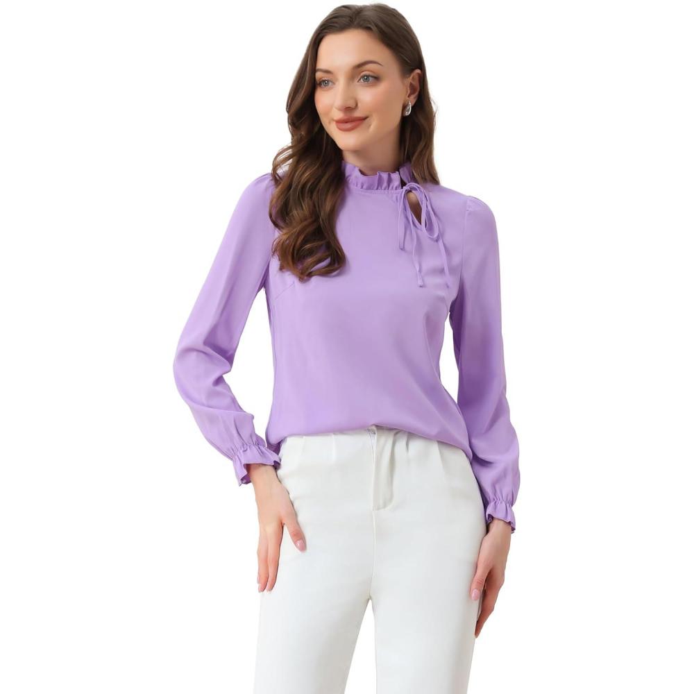 imageAllegra K Womens Fall Blouse 2025 Long Sleeve Ruffle Tie Neck Business Work TopLight Purple