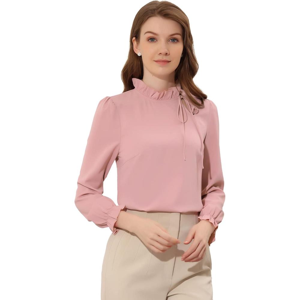 imageAllegra K Womens Fall Blouse 2025 Long Sleeve Ruffle Tie Neck Business Work TopPink