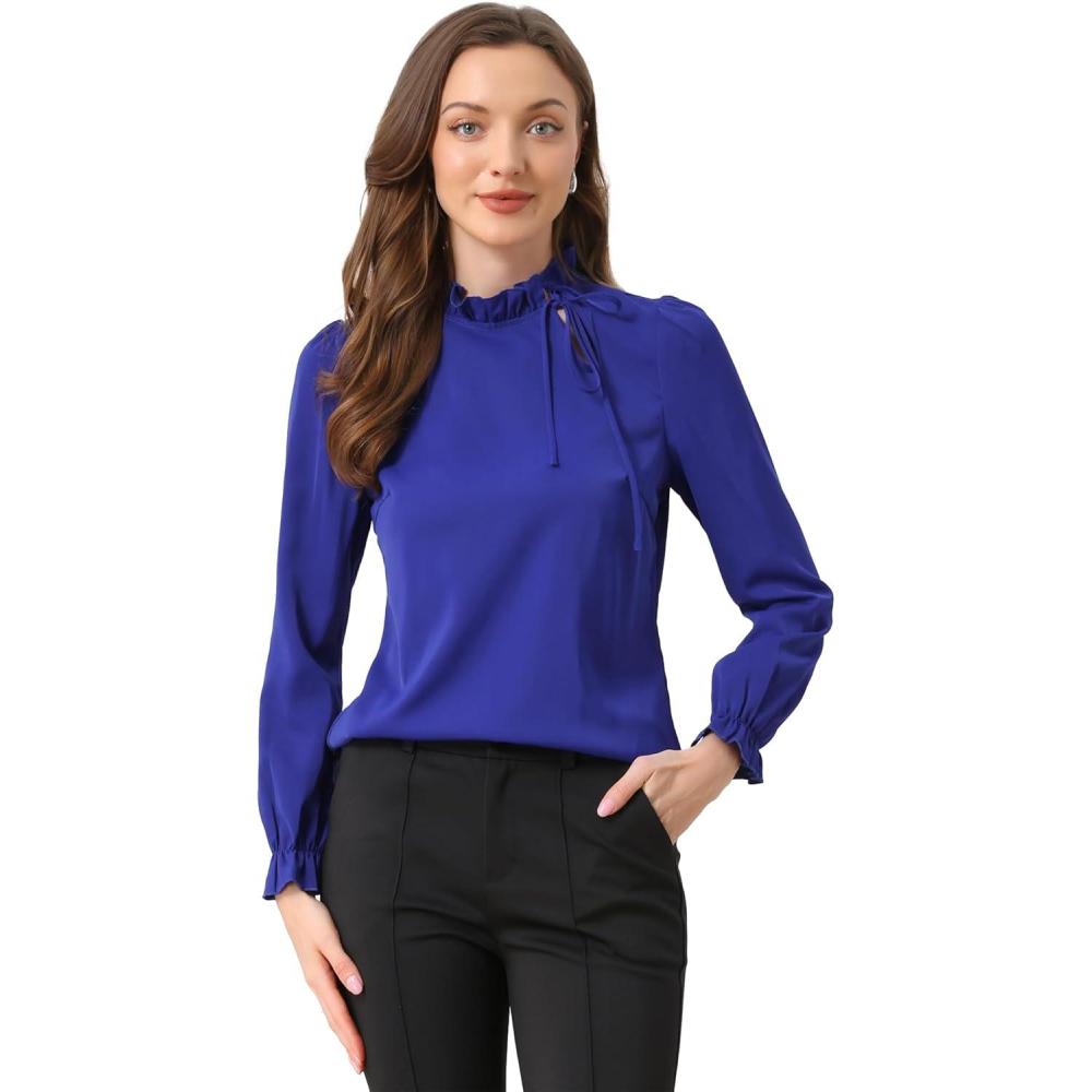imageAllegra K Womens Fall Blouse 2025 Long Sleeve Ruffle Tie Neck Business Work TopRoyal Blue