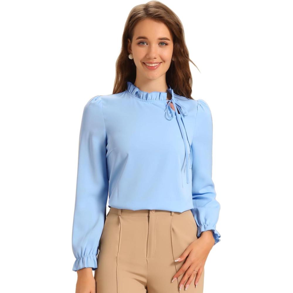 imageAllegra K Womens Fall Blouse 2025 Long Sleeve Ruffle Tie Neck Business Work TopSky Blue