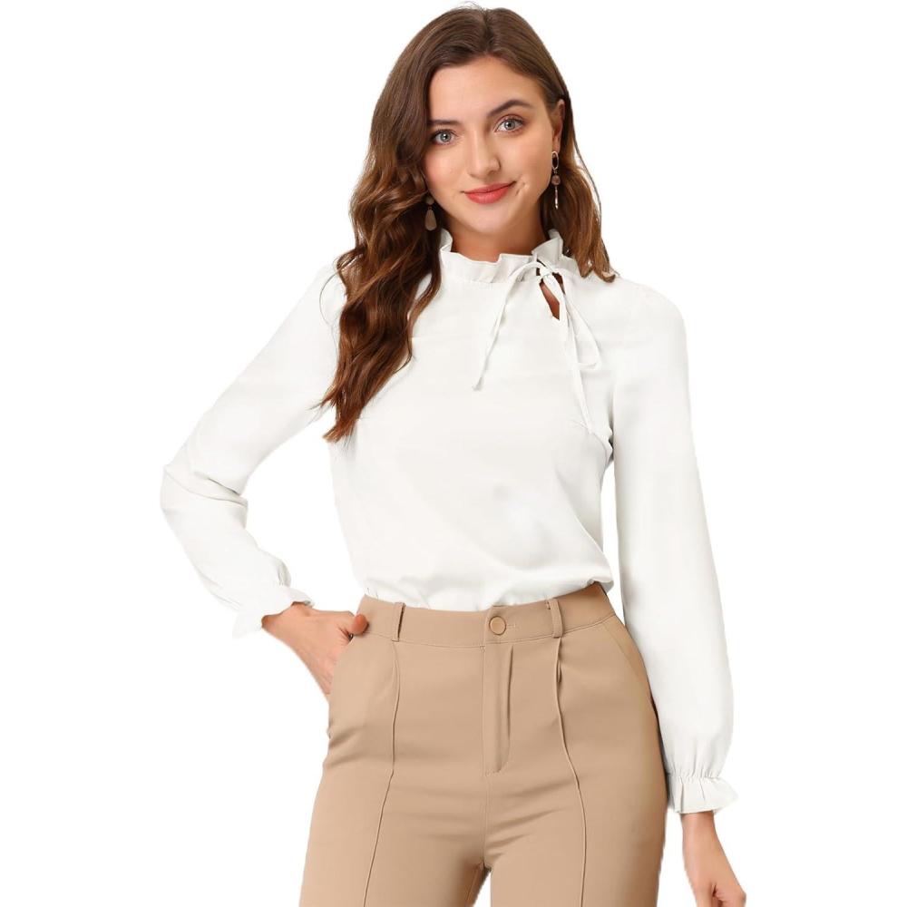 imageAllegra K Womens Fall Blouse 2025 Long Sleeve Ruffle Tie Neck Business Work TopWhite