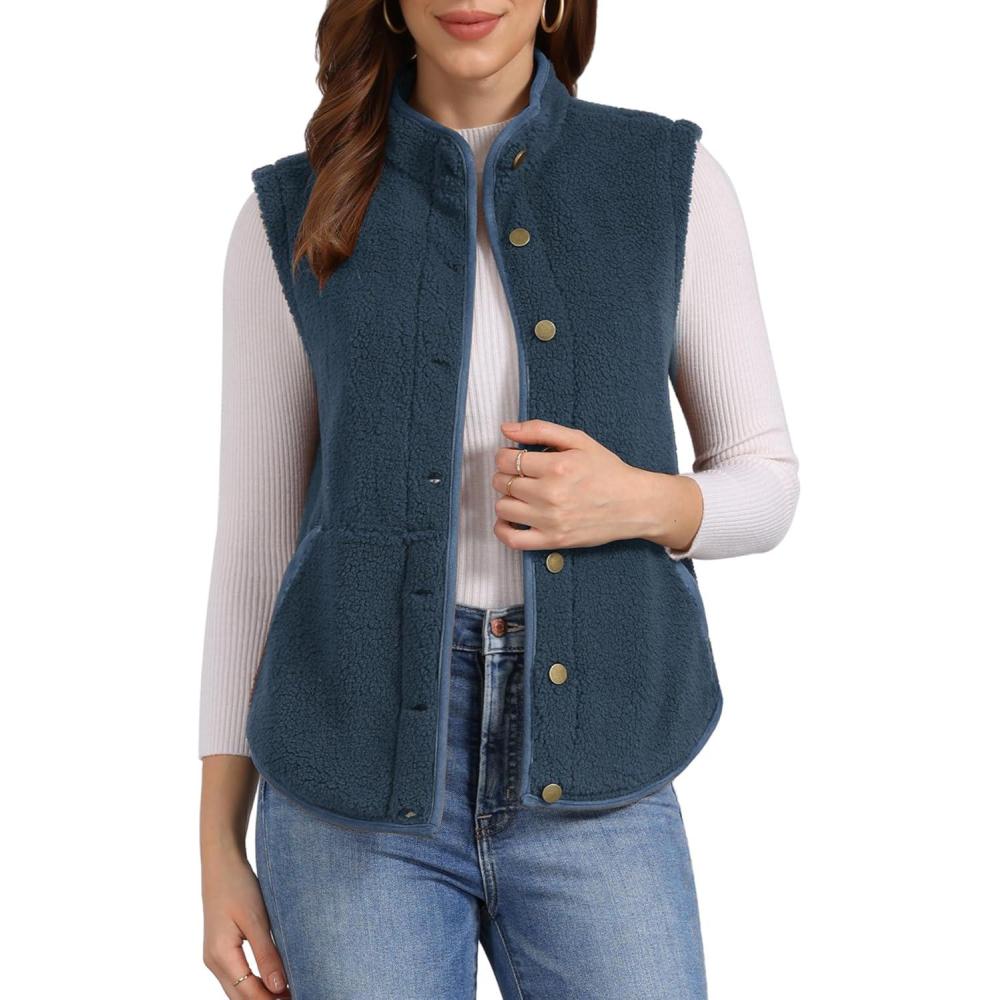 imageAllegra K Womens Fleece Vest Button Down Sleeveless Jacket with Pockets Oversized Fuzzy VestsDark Blue
