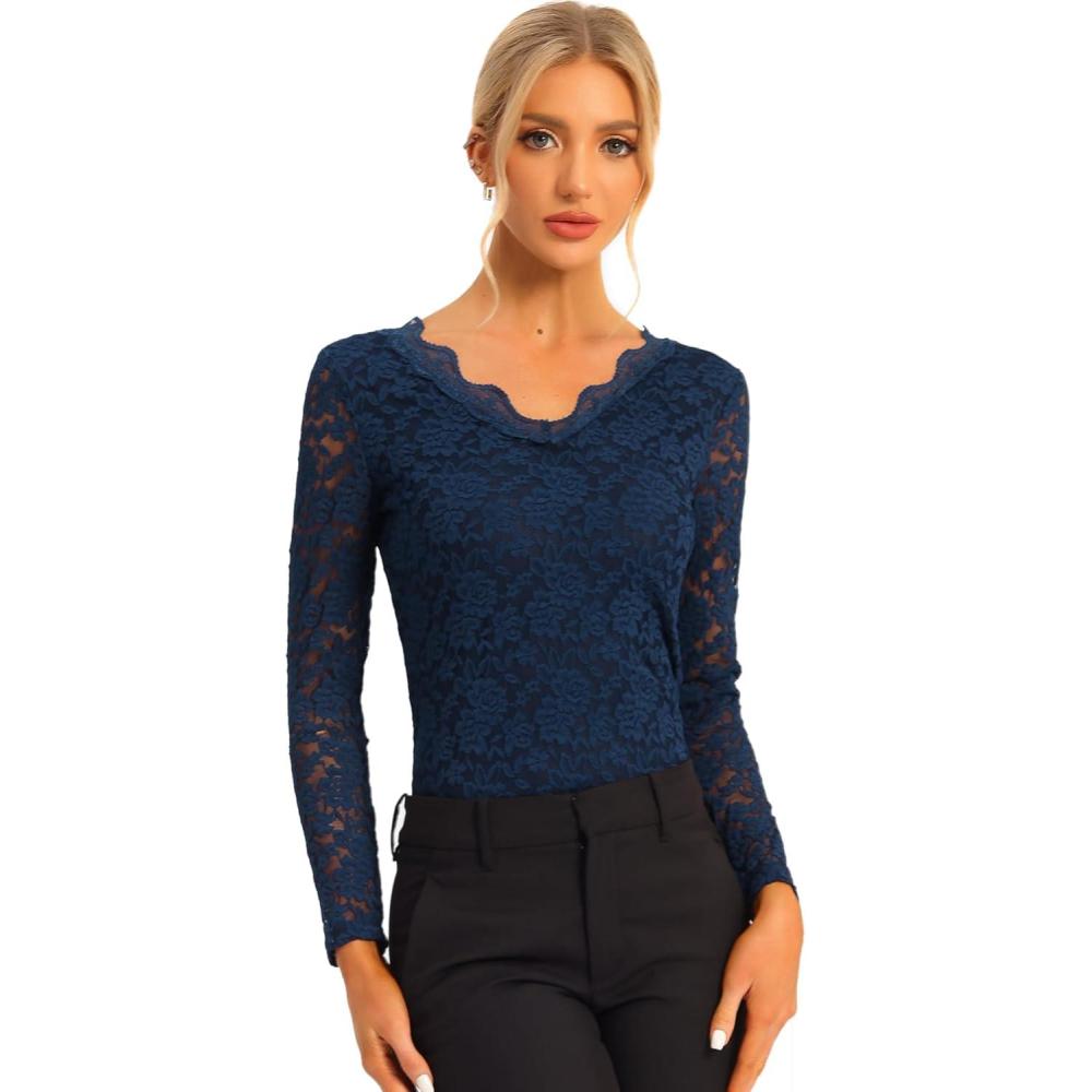 imageAllegra K Womens Floral Embroidery Sheer Long Sleeves Lace Blouse TopDark Blue