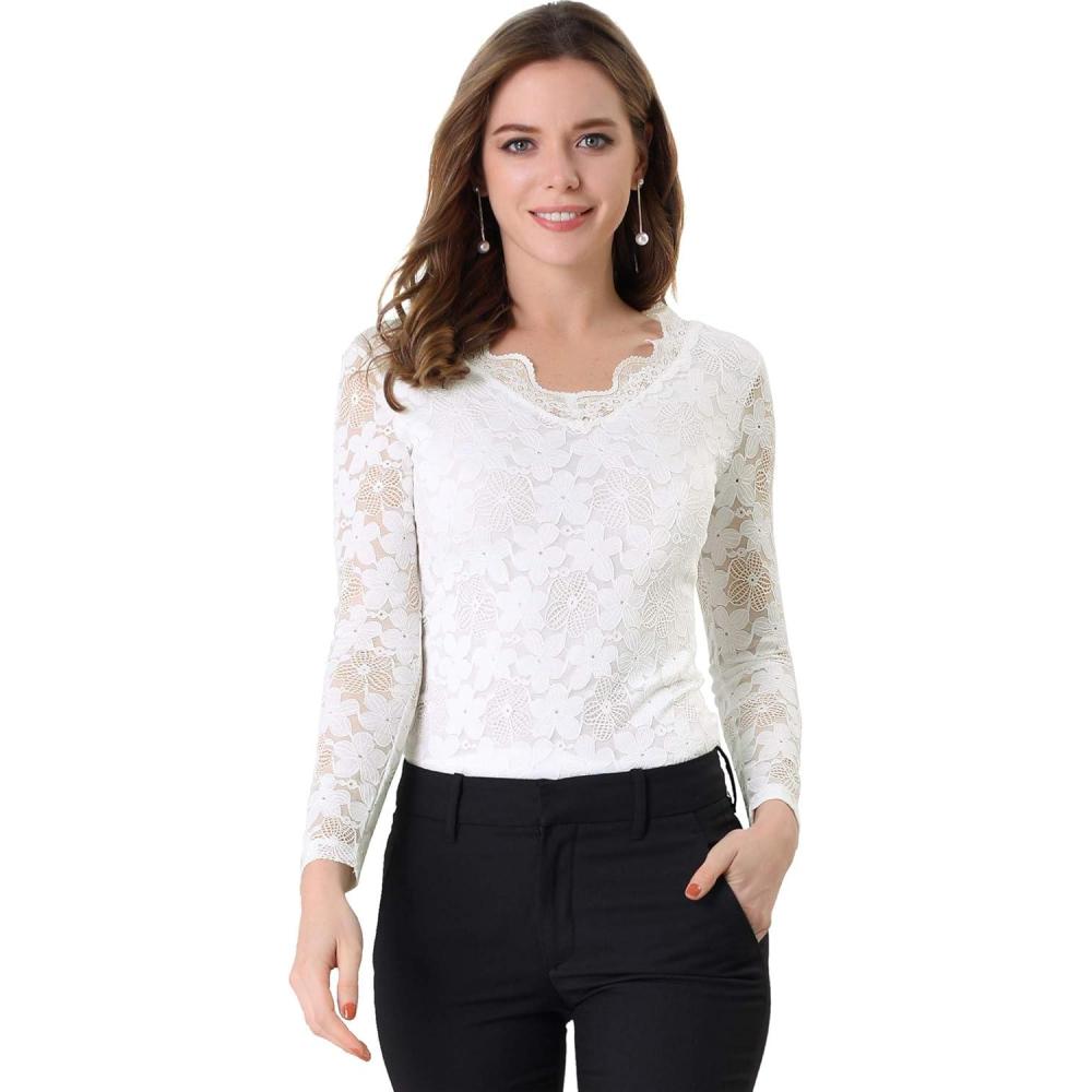 imageAllegra K Womens Floral Embroidery Sheer Long Sleeves Lace Blouse TopWhite