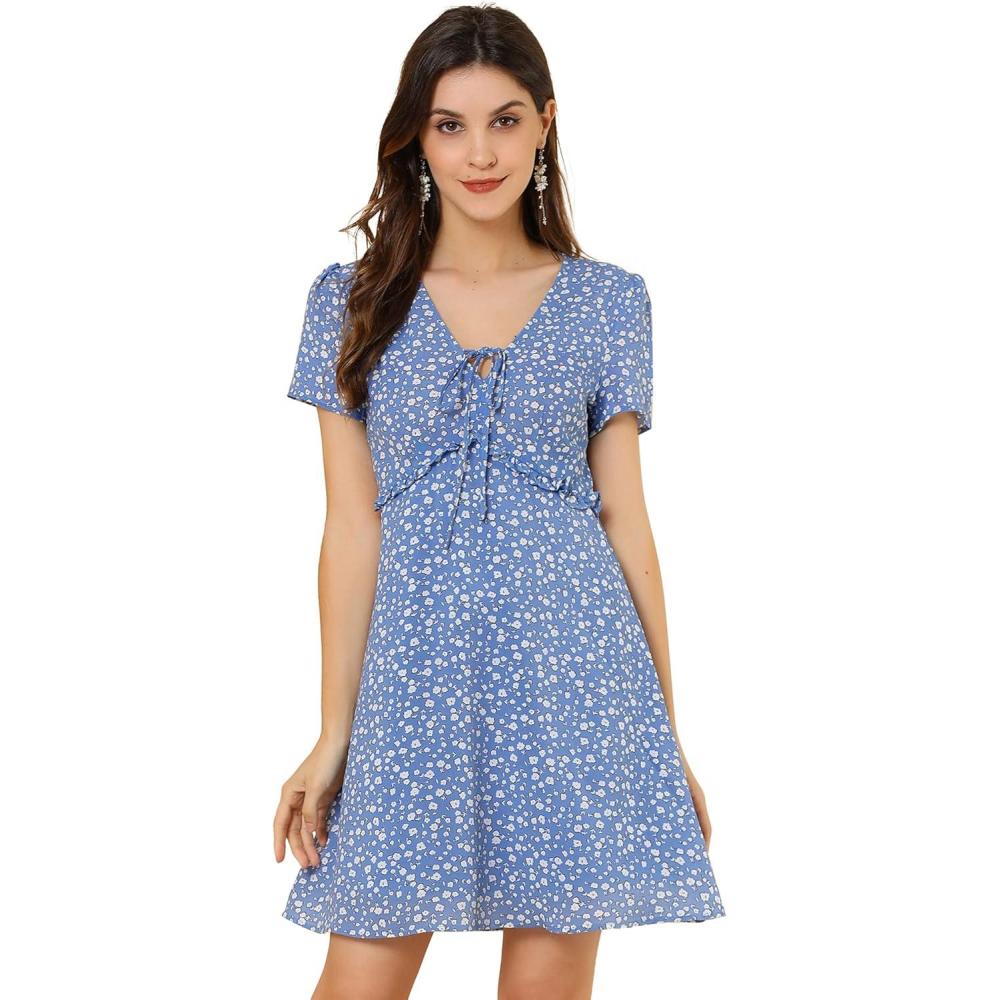 imageAllegra K Womens Floral Ruffle Trim Tie Front Dresses Short Sleeve Summer Flowy DressBlue