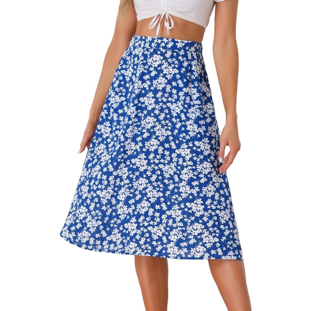 imageAllegra K Womens Floral Skirt ALine Midi Skirt Chiffon Elegant 2025 Fall SkirtsBlue White