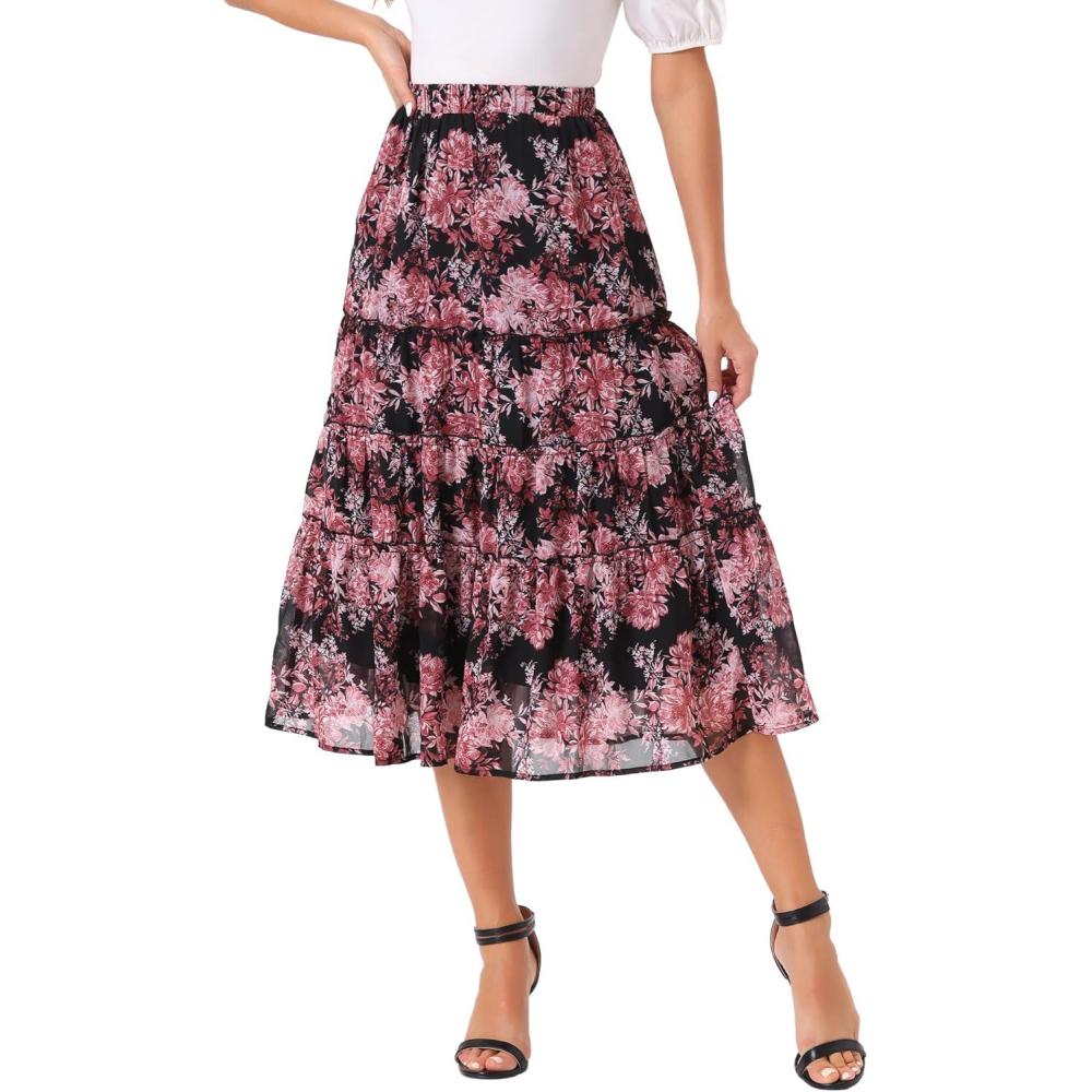 imageAllegra K Womens Floral Skirt Chiffon Aline Long Tiered Ruffle Boho Summer Midi SkirtsBlack Pinks
