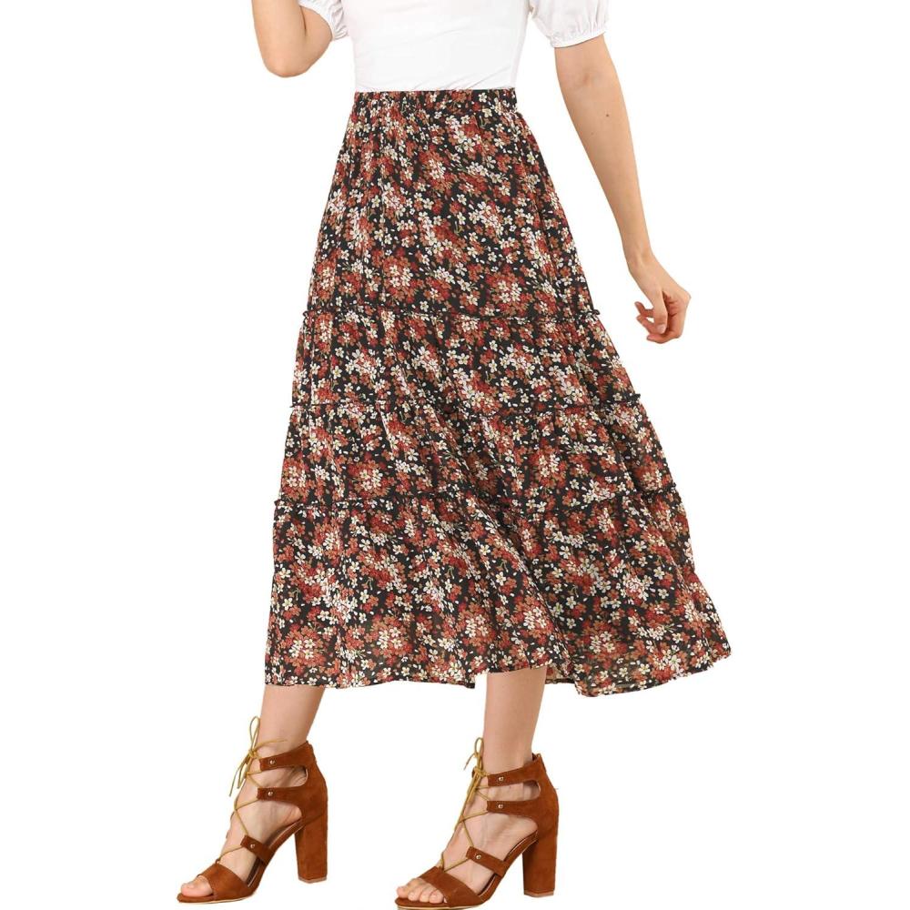 imageAllegra K Womens Floral Skirt Chiffon Aline Long Tiered Ruffle Boho Summer Midi SkirtsBlack Red