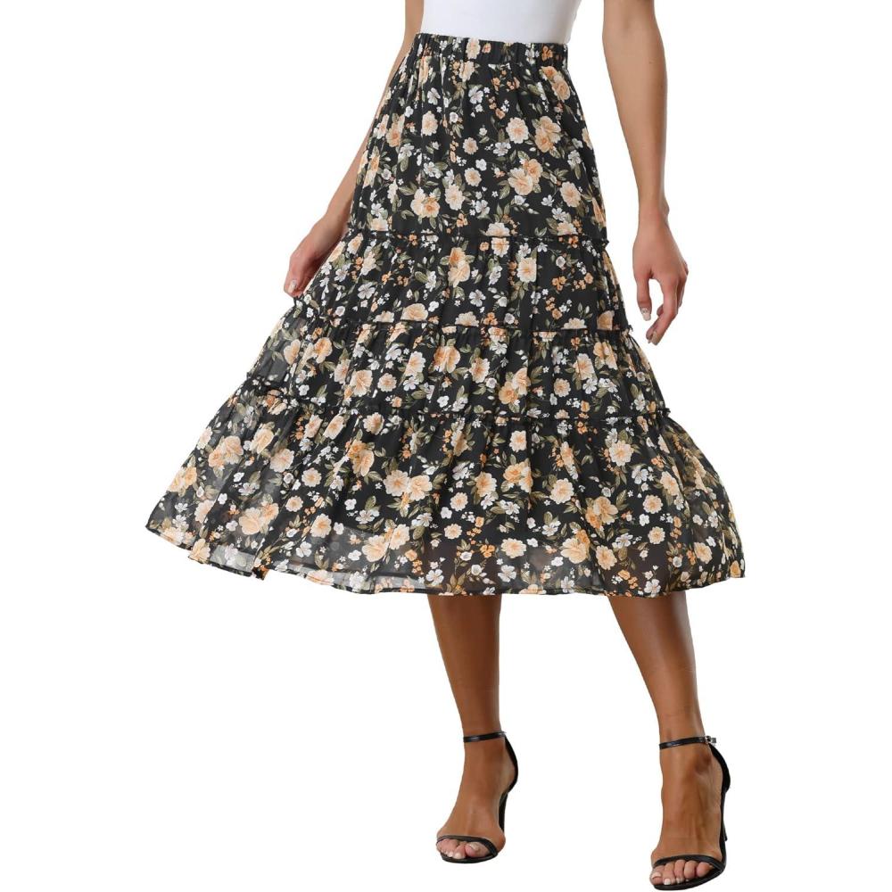 imageAllegra K Womens Floral Skirt Chiffon Aline Long Tiered Ruffle Boho Summer Midi SkirtsBlacks