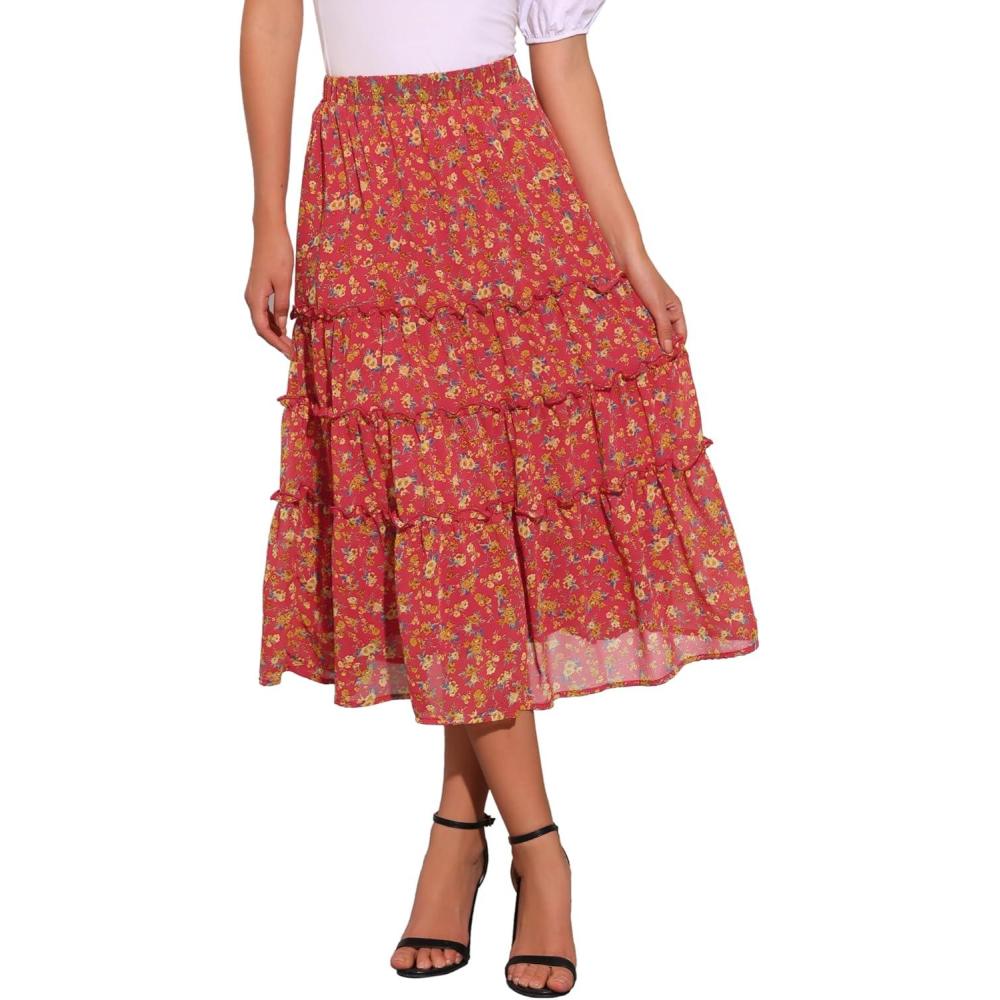 imageAllegra K Womens Floral Skirt Chiffon Aline Long Tiered Ruffle Boho Summer Midi SkirtsDeep Red