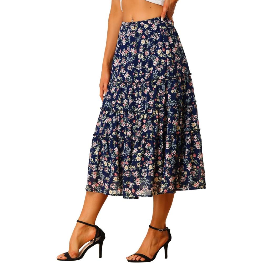 imageAllegra K Womens Floral Skirt Chiffon Aline Long Tiered Ruffle Boho Summer Midi SkirtsNavy Blue