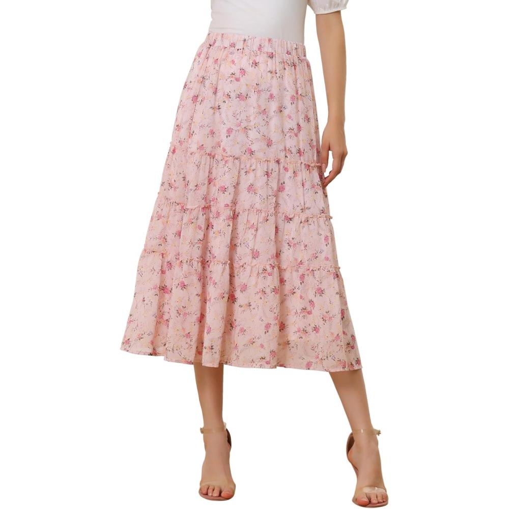 imageAllegra K Womens Floral Skirt Chiffon Aline Long Tiered Ruffle Boho Summer Midi SkirtsPink