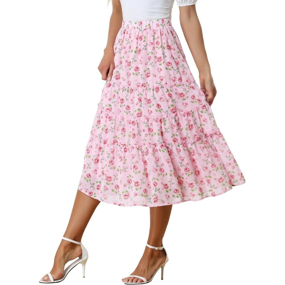 imageAllegra K Womens Floral Skirt Chiffon Aline Long Tiered Ruffle Boho Summer Midi SkirtsPink Rose