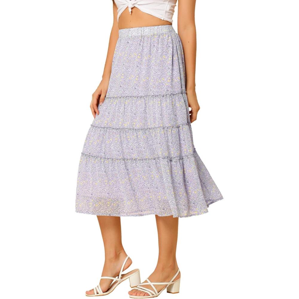 imageAllegra K Womens Floral Skirt Chiffon Aline Long Tiered Ruffle Boho Summer Midi SkirtsPurple
