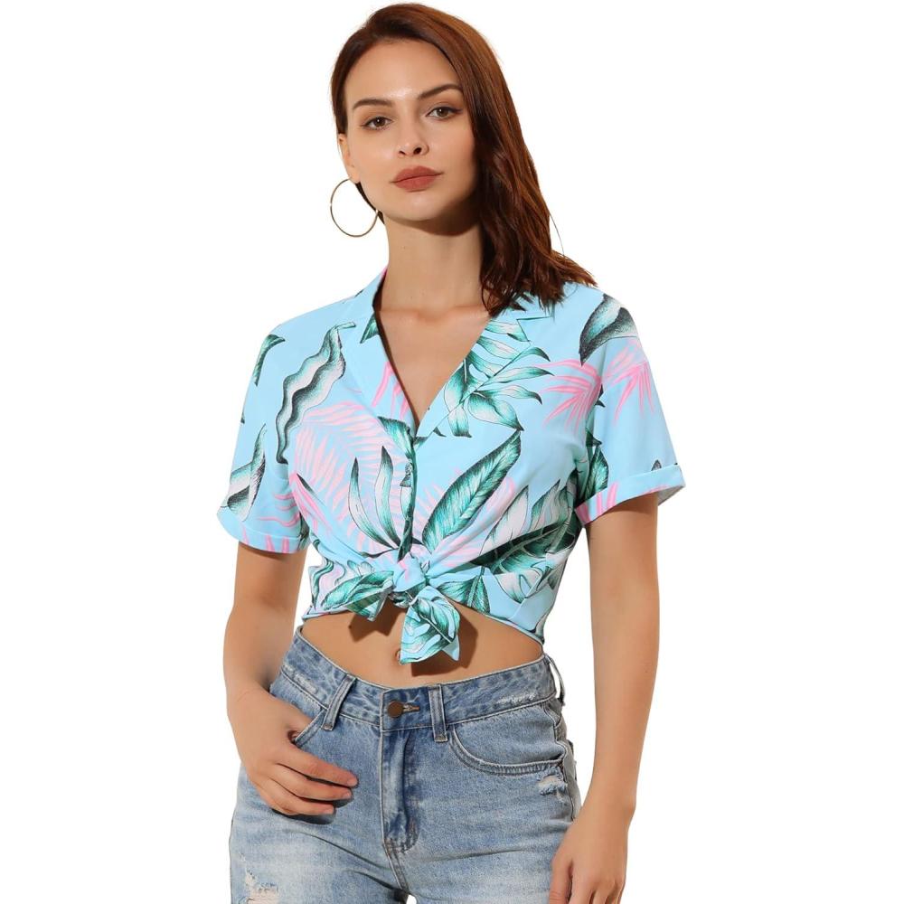 imageAllegra K Womens Hawaiian Shirts Floral Top Printed Short Sleeve Button Down Shirt Summer Tropical TopsBlue Pink