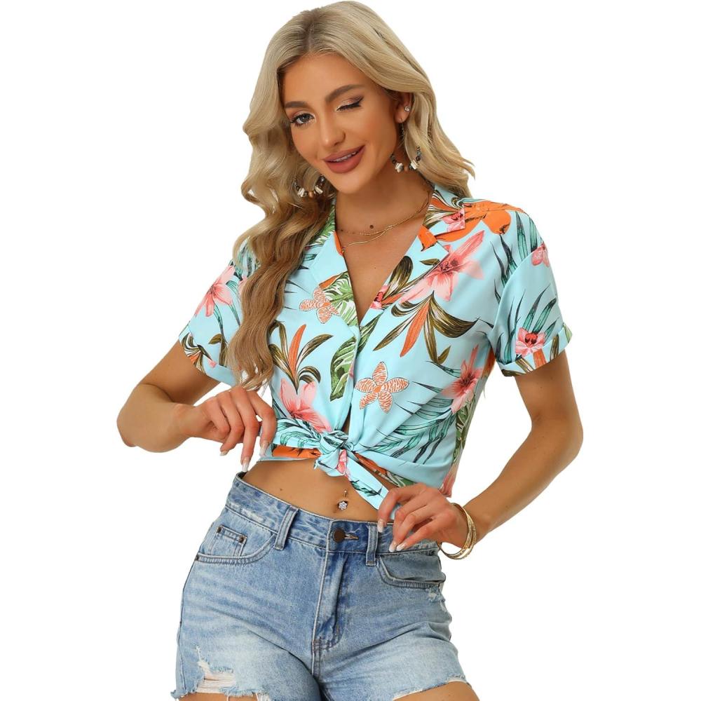 imageAllegra K Womens Hawaiian Shirts Floral Top Printed Short Sleeve Button Down Shirt Summer Tropical TopsSky Blue
