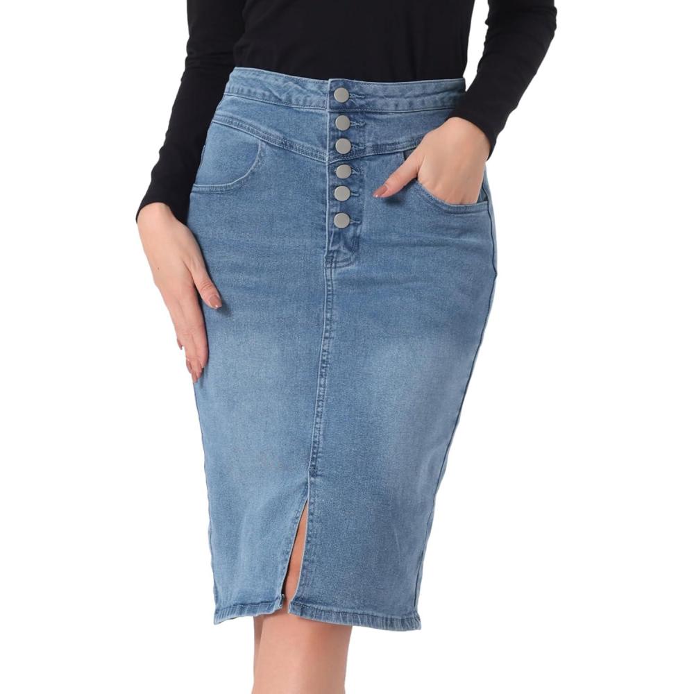 imageAllegra K Womens Jean Skirts Split Casual High Waist Bodycon Denim Pencil SkirtLight Blue