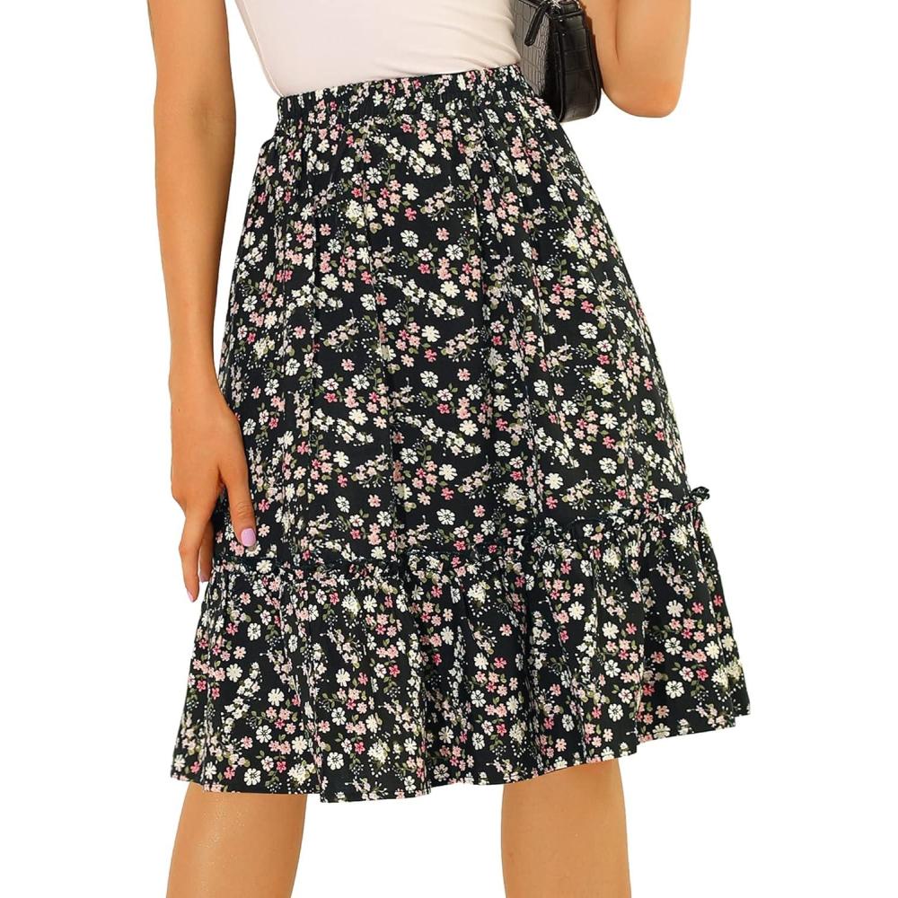 imageAllegra K Womens Knee Length Skirt Floral Elastic Waist Flowy Tiered ALine Ruffle SkirtBlack