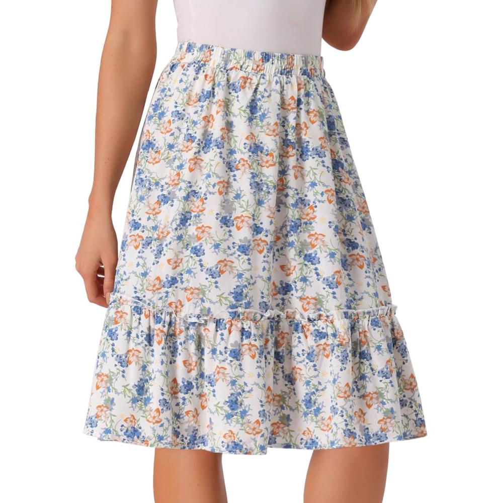 imageAllegra K Womens Knee Length Skirt Floral Elastic Waist Flowy Tiered ALine Ruffle SkirtBlue White