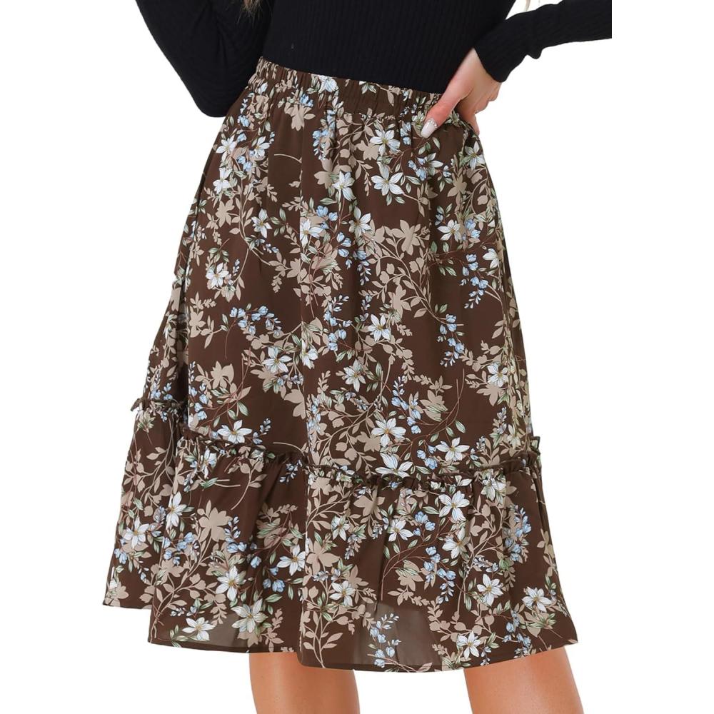 imageAllegra K Womens Knee Length Skirt Floral Elastic Waist Flowy Tiered ALine Ruffle SkirtBrown