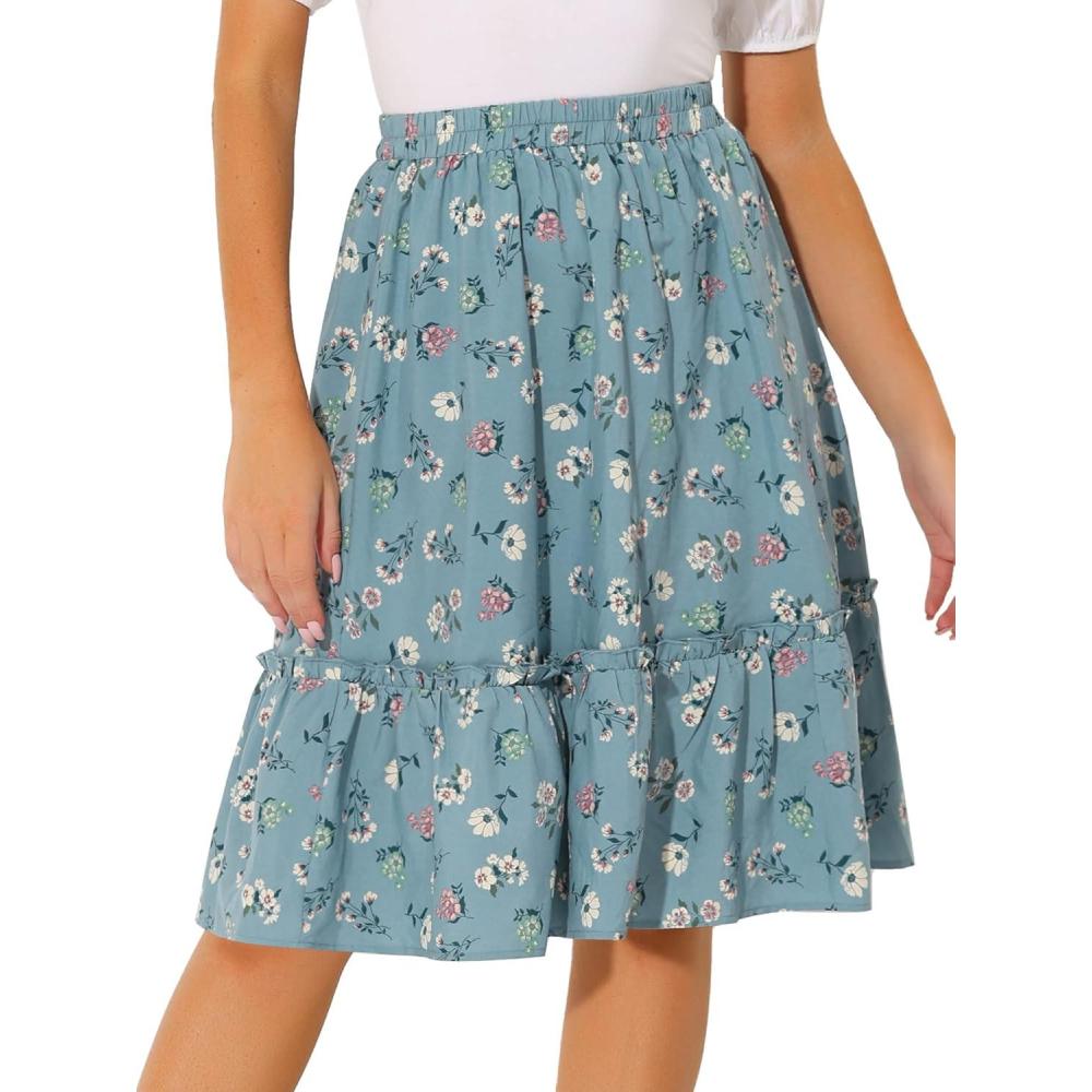 imageAllegra K Womens Knee Length Skirt Floral Elastic Waist Flowy Tiered ALine Ruffle SkirtDusty Blue