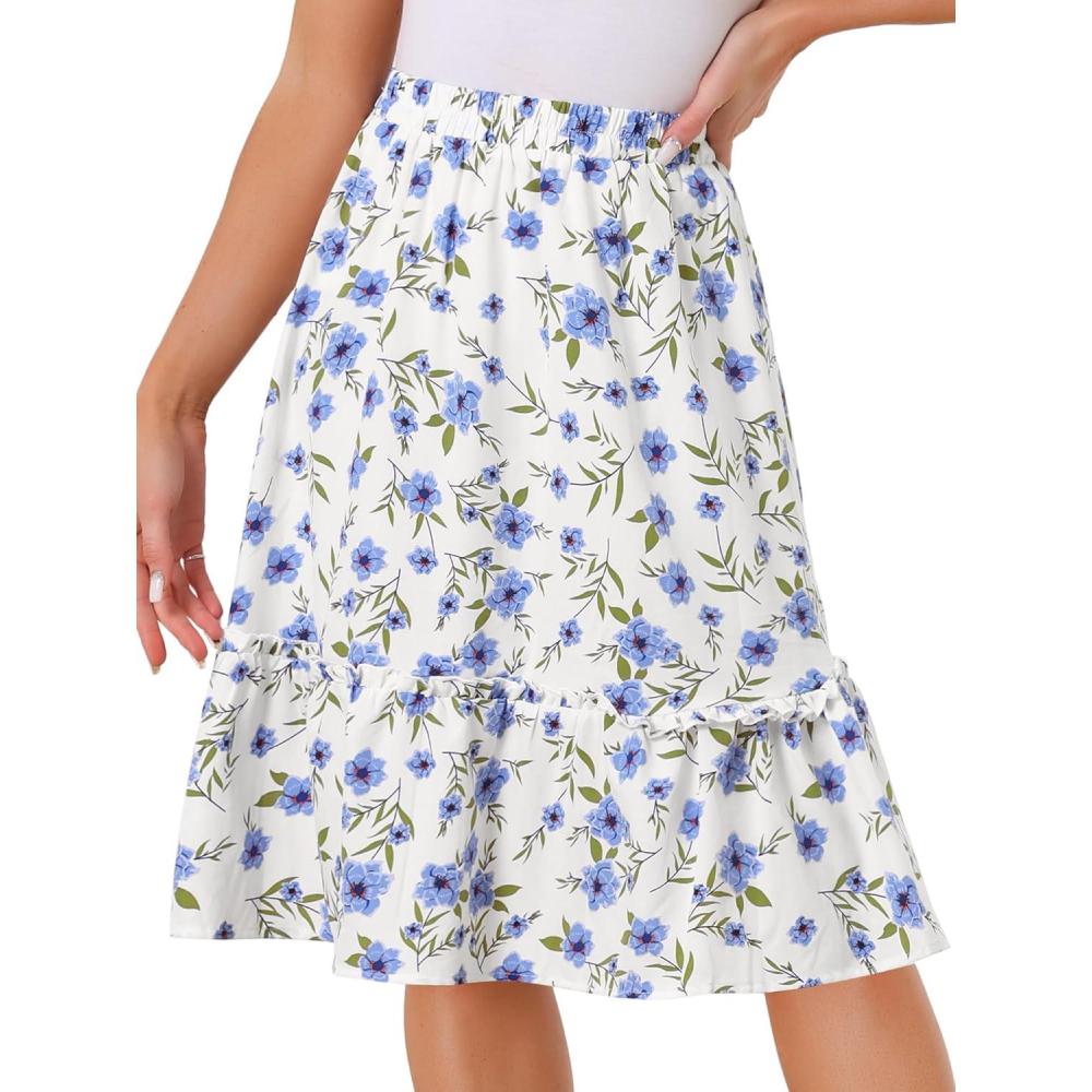 imageAllegra K Womens Knee Length Skirt Floral Elastic Waist Flowy Tiered ALine Ruffle SkirtLight Blue