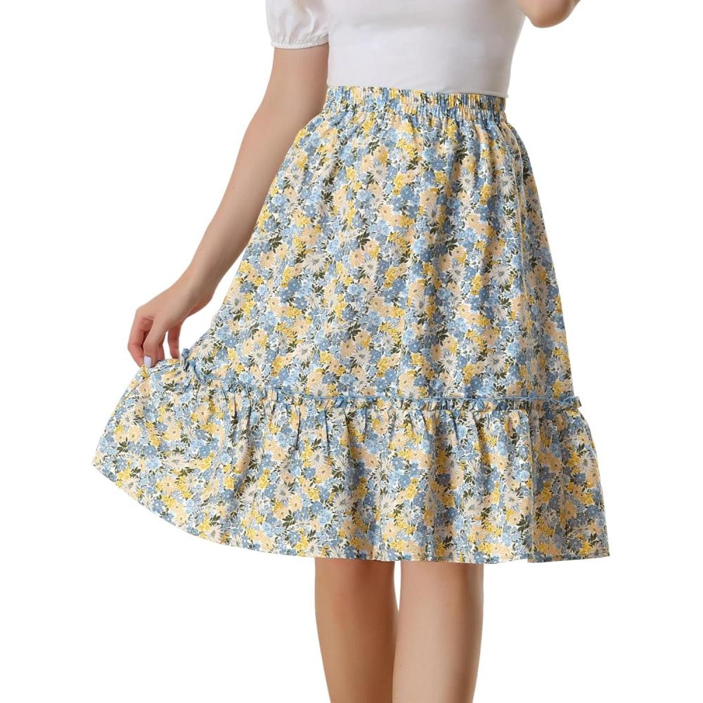 imageAllegra K Womens Knee Length Skirt Floral Elastic Waist Flowy Tiered ALine Ruffle SkirtWhite Yellow