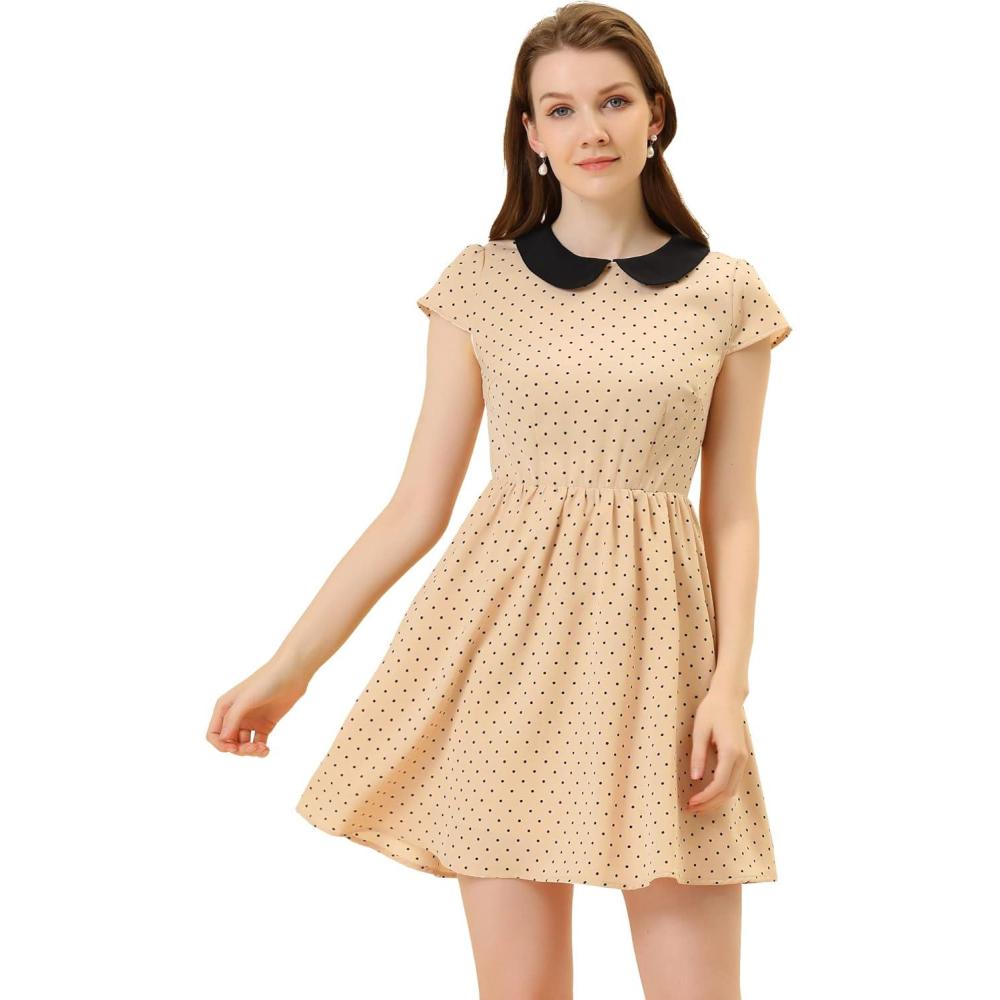 imageAllegra K Womens Peter Pan Collar Short Sleeves Contrast ALine Polka Dots DressBeige