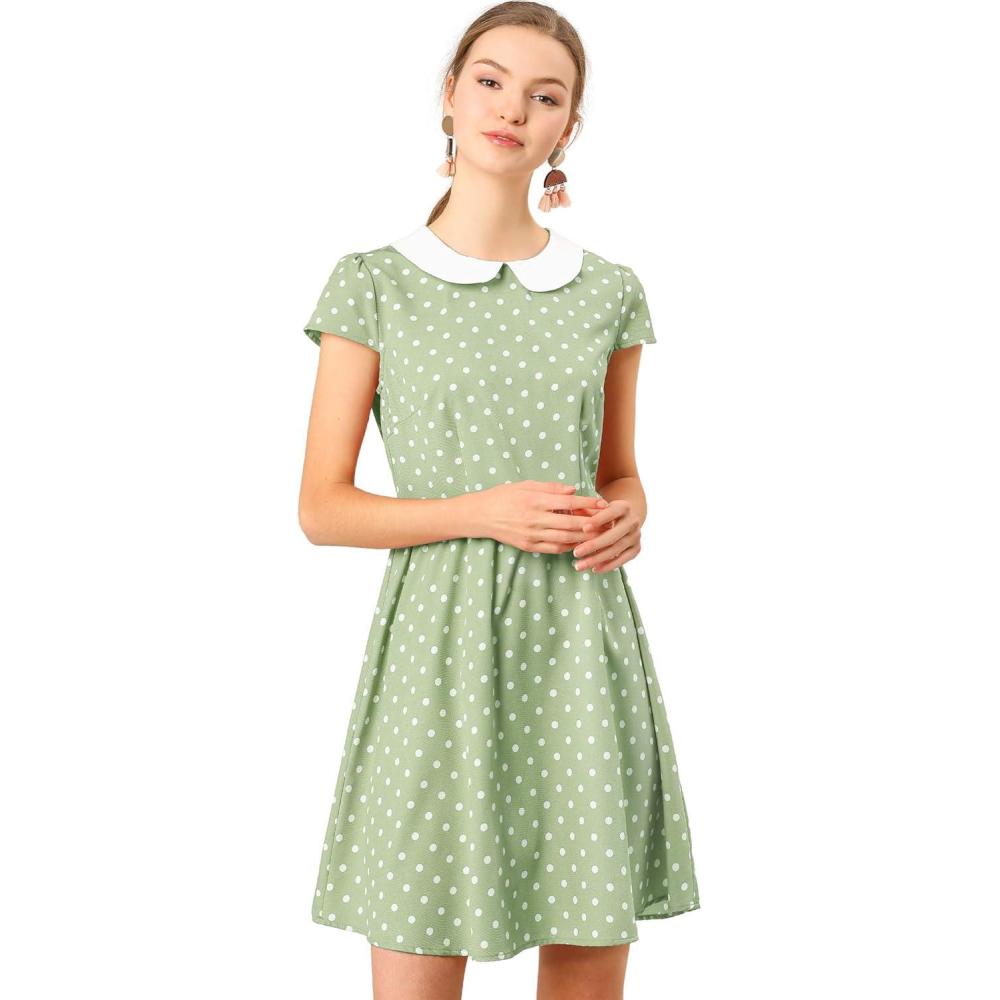 imageAllegra K Womens Peter Pan Collar Short Sleeves Contrast ALine Polka Dots DressGreen