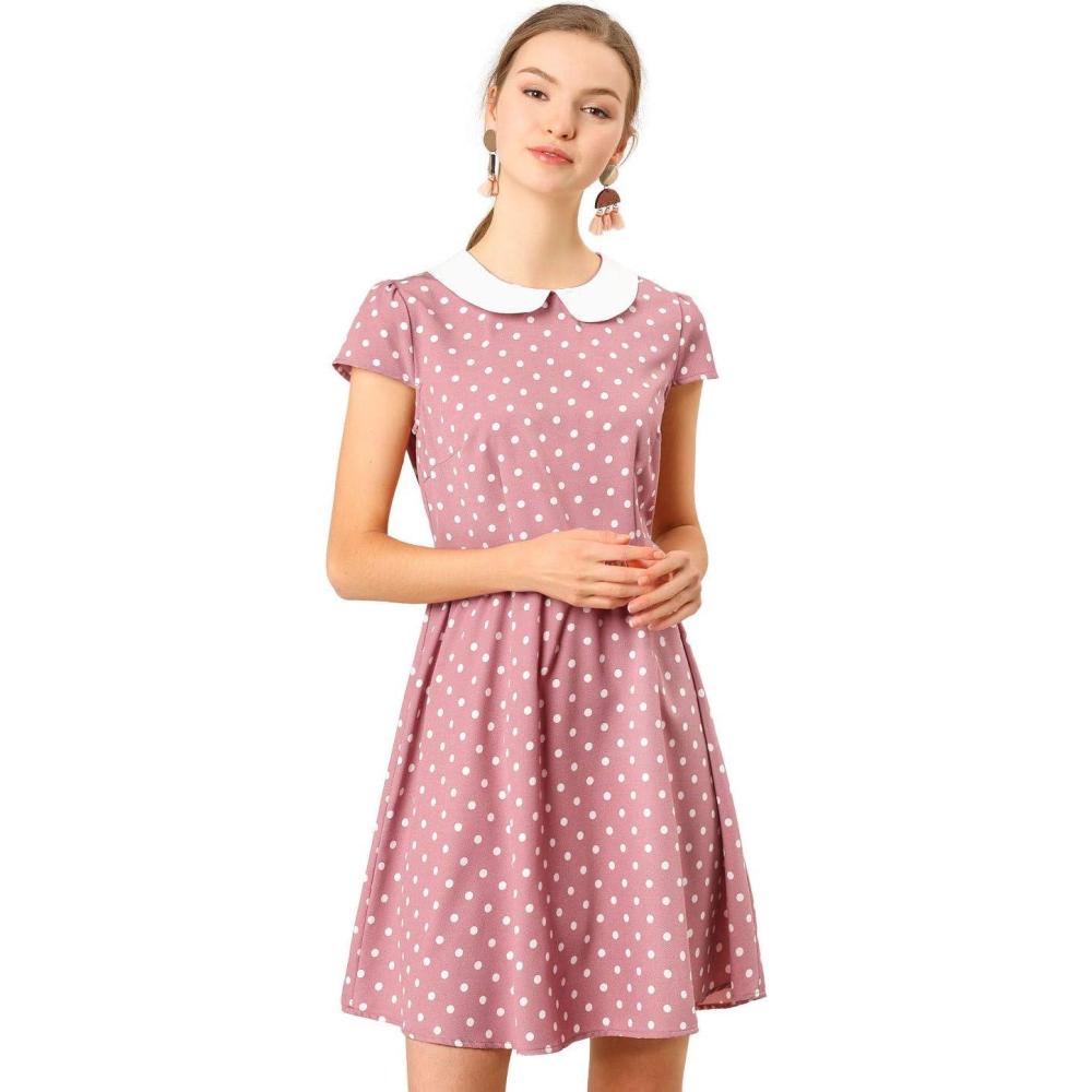 imageAllegra K Womens Peter Pan Collar Short Sleeves Contrast ALine Polka Dots DressPink