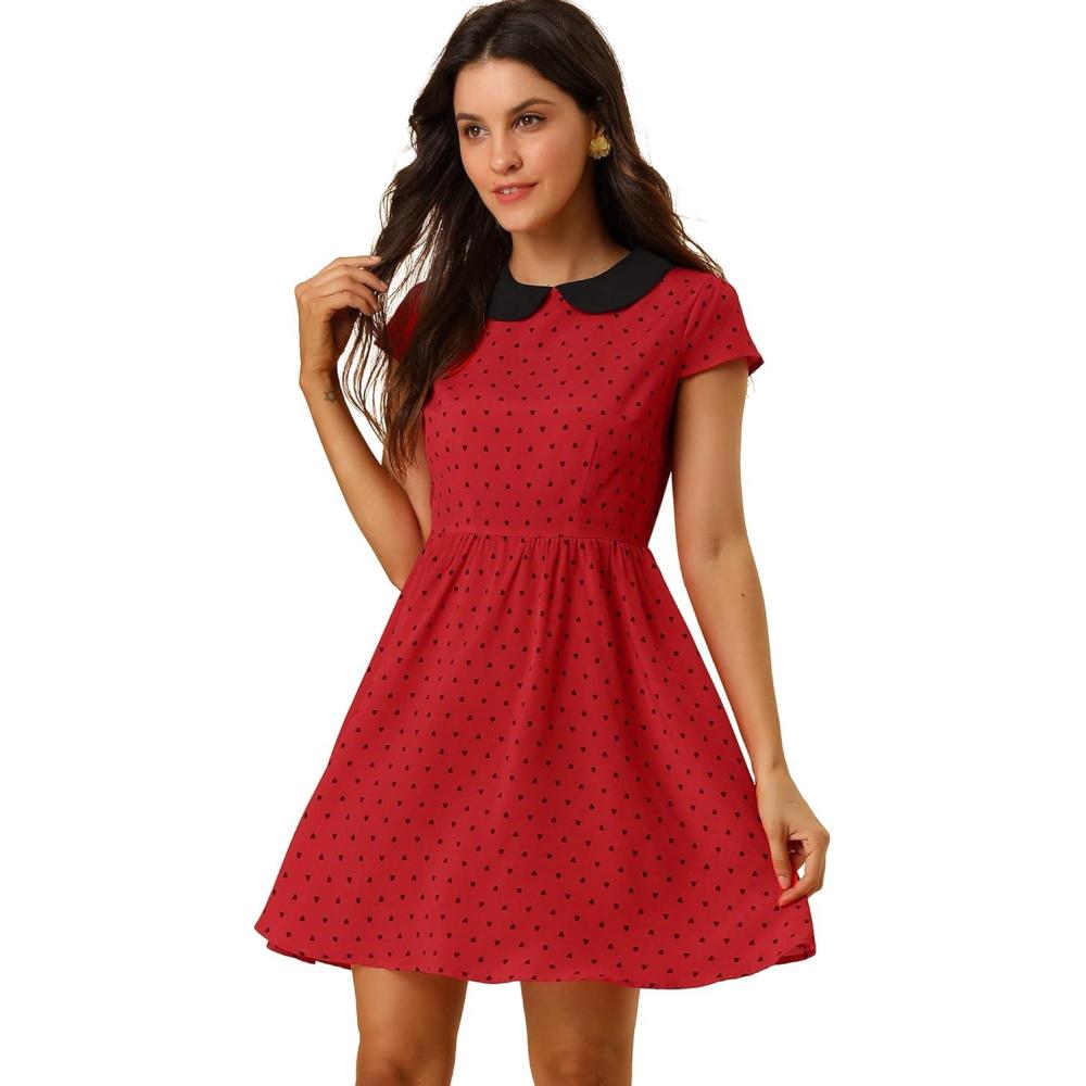 imageAllegra K Womens Peter Pan Collar Short Sleeves Contrast ALine Polka Dots DressRed