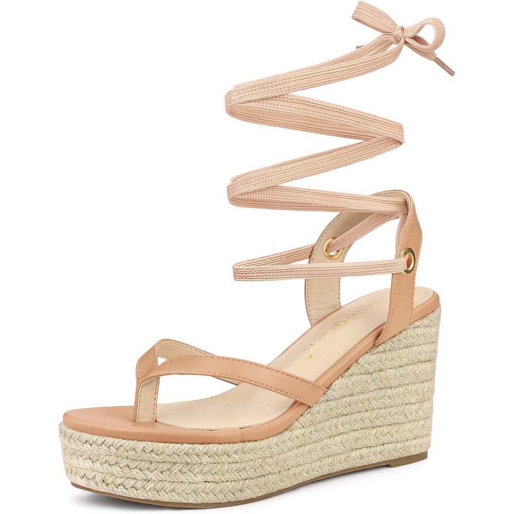 imageAllegra K Womens Platform Strappy Slingback Flip Flops Wedge SandalsNude