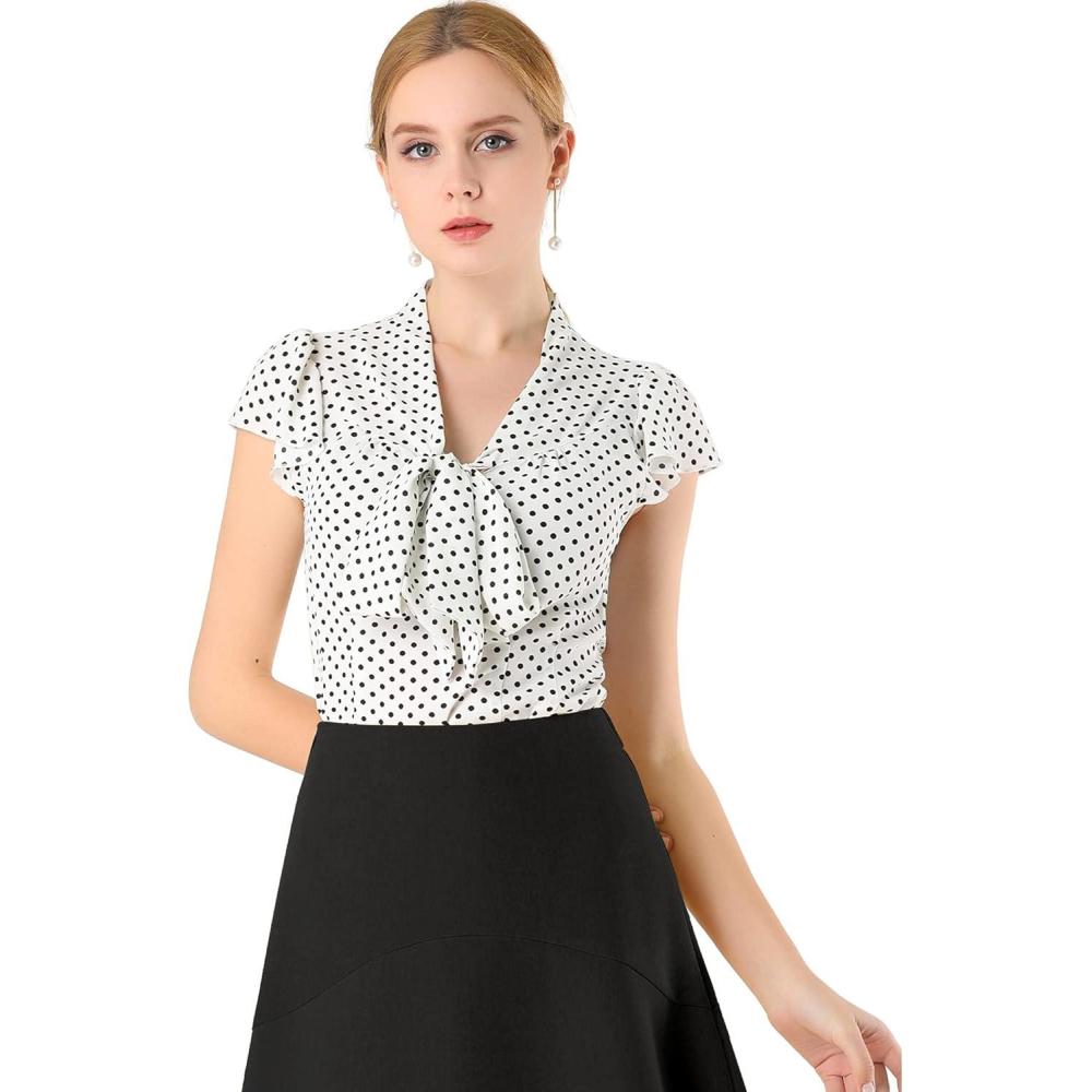 imageAllegra K Womens Polka Dots Tie Neck Blouse Summer Ruffled Cap Sleeve Office TopWhite