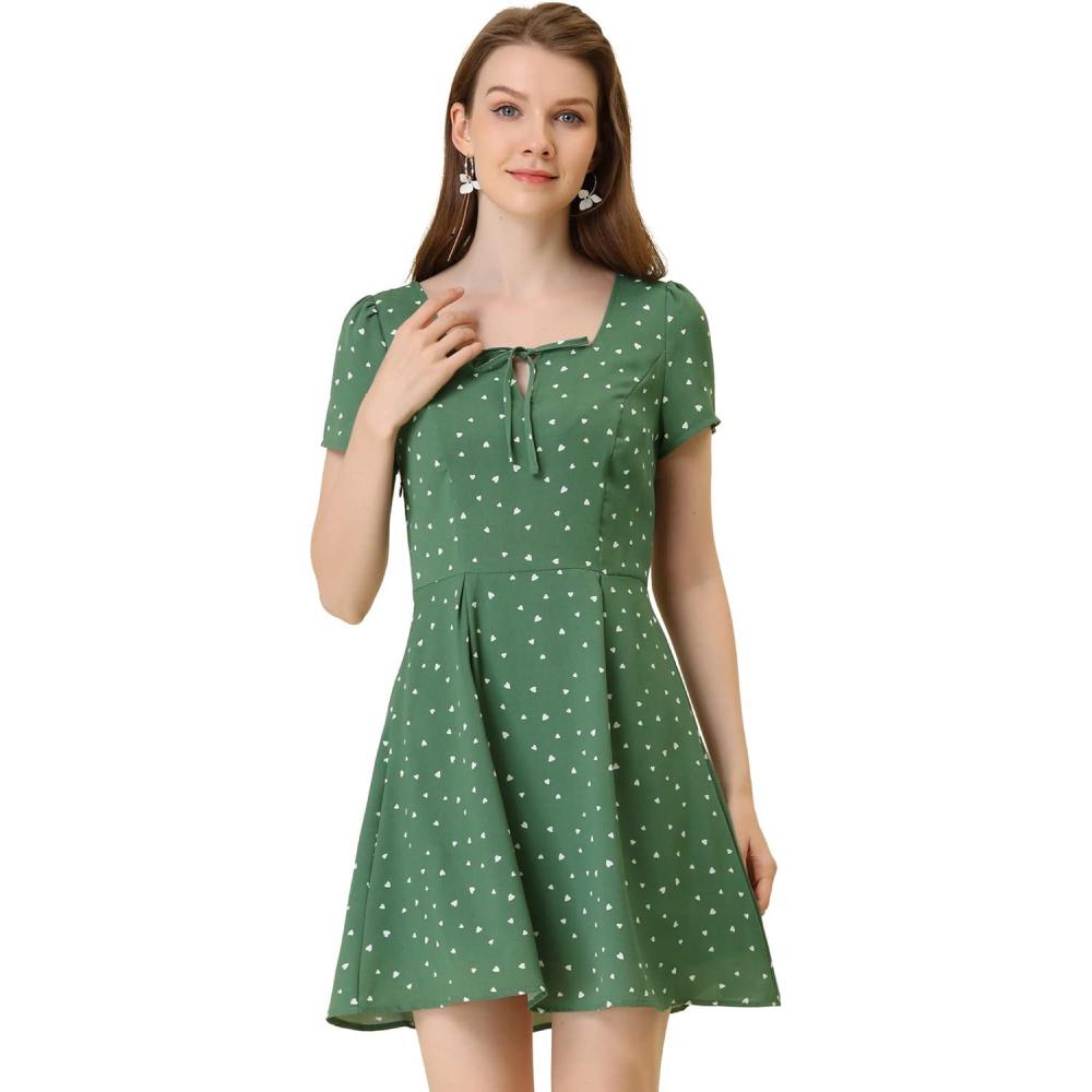 imageAllegra K Womens Printed Dress Summer 2025 Casual Square Neck Short Sleeve Fit and Flare DressesGreenheart