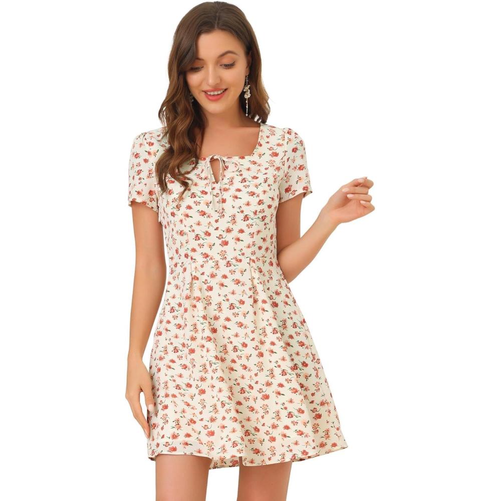 imageAllegra K Womens Printed Dress Summer 2025 Casual Square Neck Short Sleeve Fit and Flare DressesWhitefloral